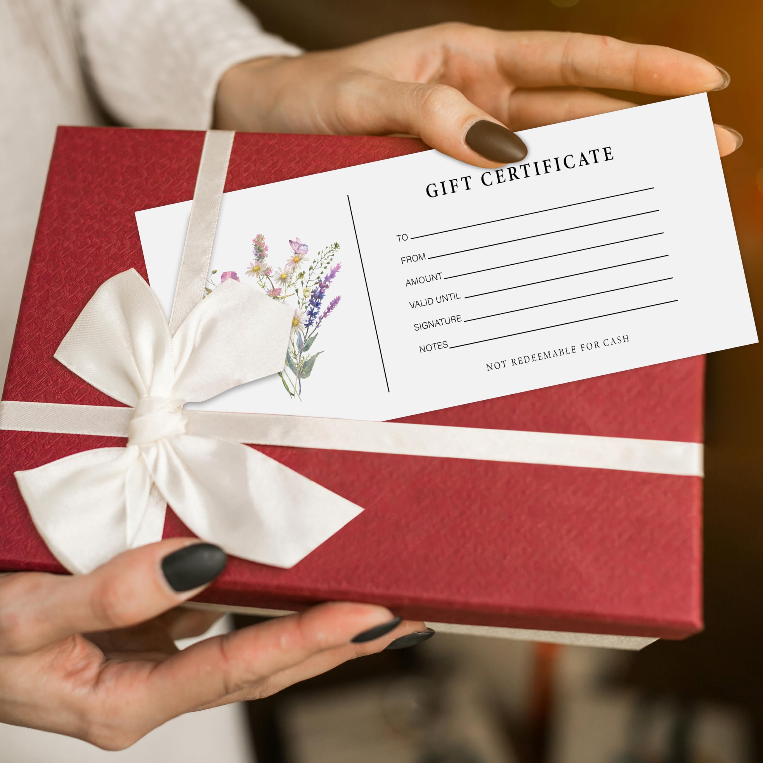 Juego de 25 certificados de regalo para negocios, tarjetas de regalo florales en blanco con sobres, regalos para salones, restaurantes, spa, cumpleaños, matrimonio, clientes -07