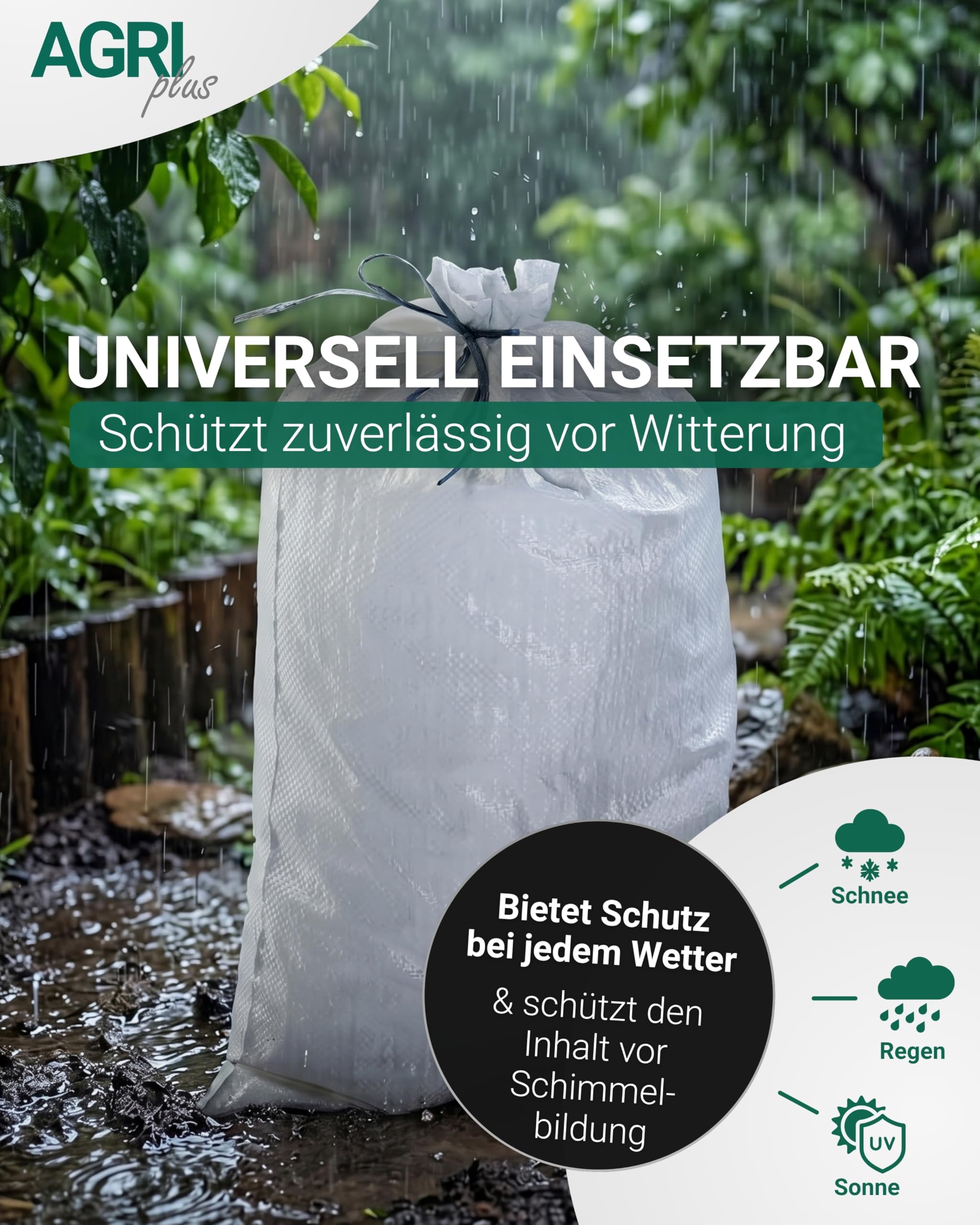 AGRIplus Gewebesäcke 100 Stück I 650 x 1350 mm I Bändchengewebesäcke aus Polypropylen I Säcke mit stabilem Boden & 75 kg Volumen I Vielseitig einsetzbar für Bau & Garten