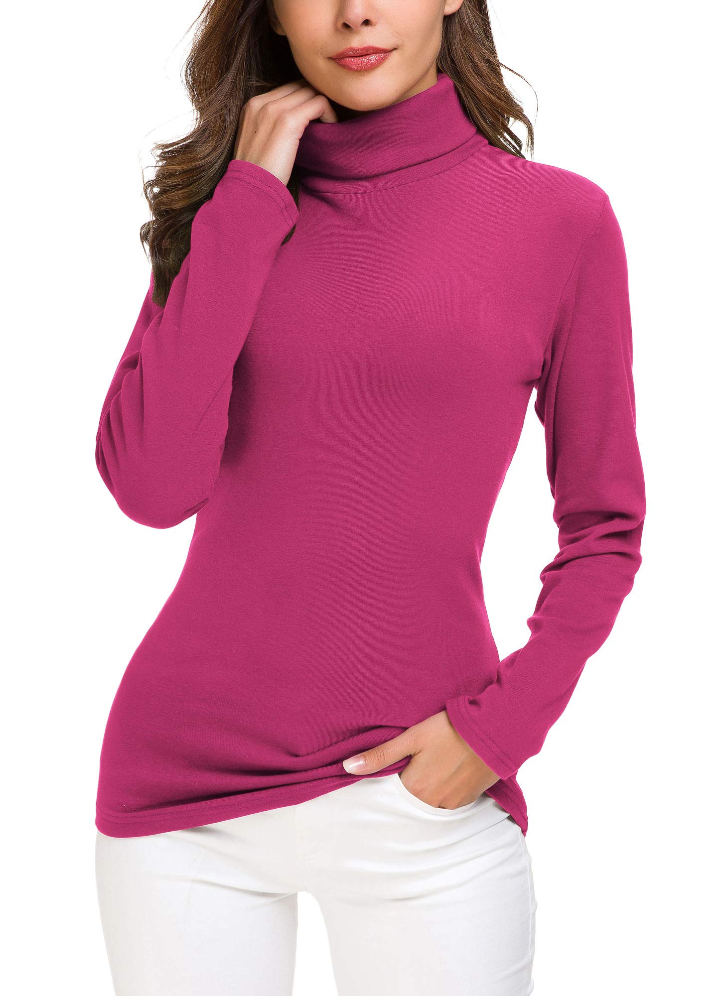 EXCHIC Women’s Slim Fit Turtleneck Pullover Solid Long Sleeve Stretchy Sweatshirt (S, Rose)