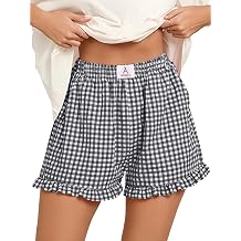 ANRABESS Boxer Shorts for Women,Gingham Plaid Elastic Waist Ruffle,Perfect for Lounge,Pajama&Sleep,Cute Casual Summer Bottoms