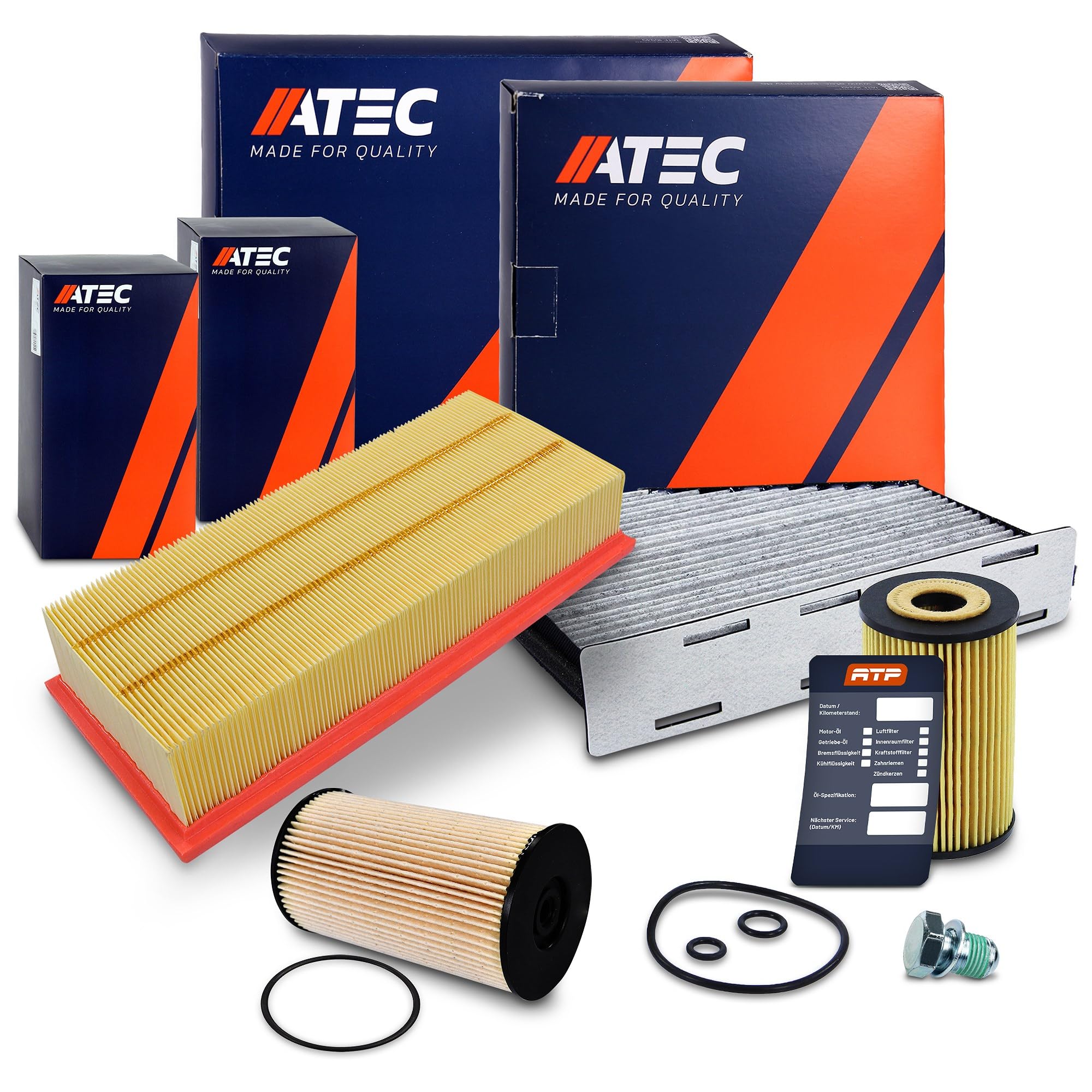 ATEC Germany Paquete de inspección juego de filtros con 1x filtro de aire, 1x filtro de habitáculo con carbón activado, 1x filtro de aceite, 1x filtro de combustible, 1x tapón de vaciado de aceite