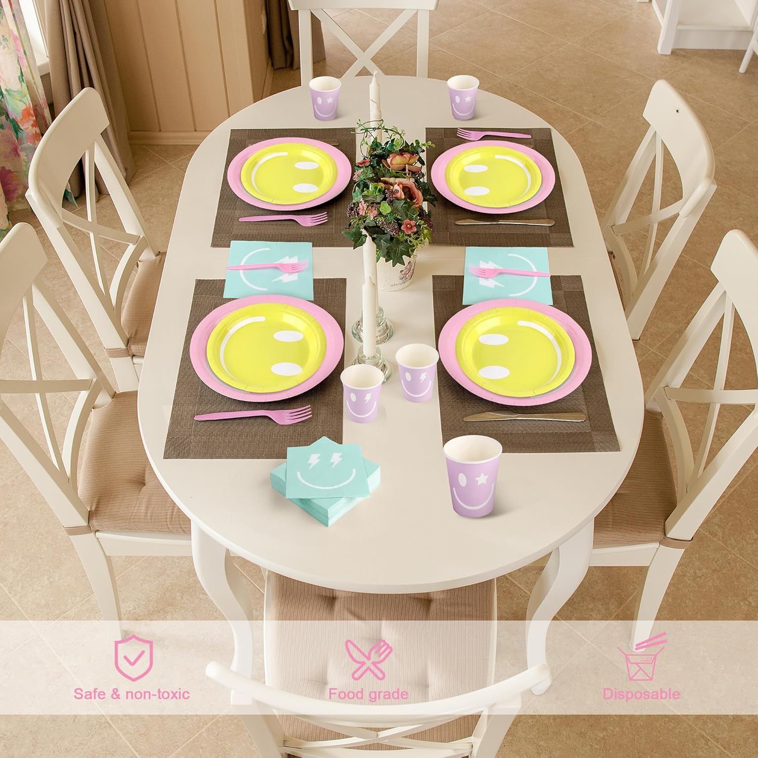 Kochorie 144 Pieces Preppy Party Supplies, Preppy Smile Tableware Sets Including Disposable Paper Plates Napkins Cups Forks Serves 24 for Smile Face Baby Shower Birthday Party Decorations