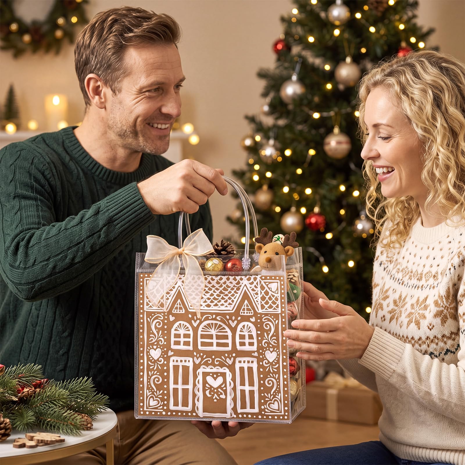 Motipuns 24 sacchetti regalo natalizi in PVC trasparente con manici e nastro in organza dorato, per bomboniere, design a casa di pan di zenzero, riutilizzabili, in plastica trasparente, sacchetti per