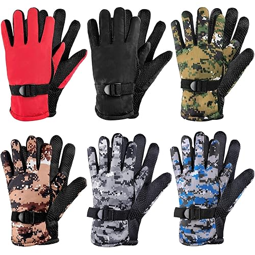 6 Pairs Kids Winter Gloves Waterproof Ski Gloves Snow Warm Full Finger Snowboard Unisex Gloves for Cold Weather Boys Girls