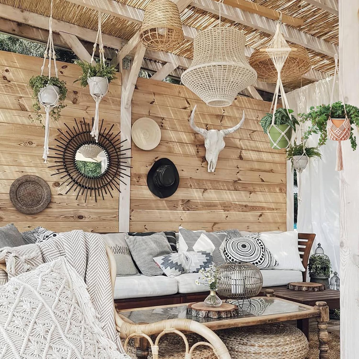 4 Pack Macrame Plant Hangers Indoor Up to 10 inch Pot, Boho Hanging Planters, Plant Holder with 8Pcs Stainless Steel Hooks