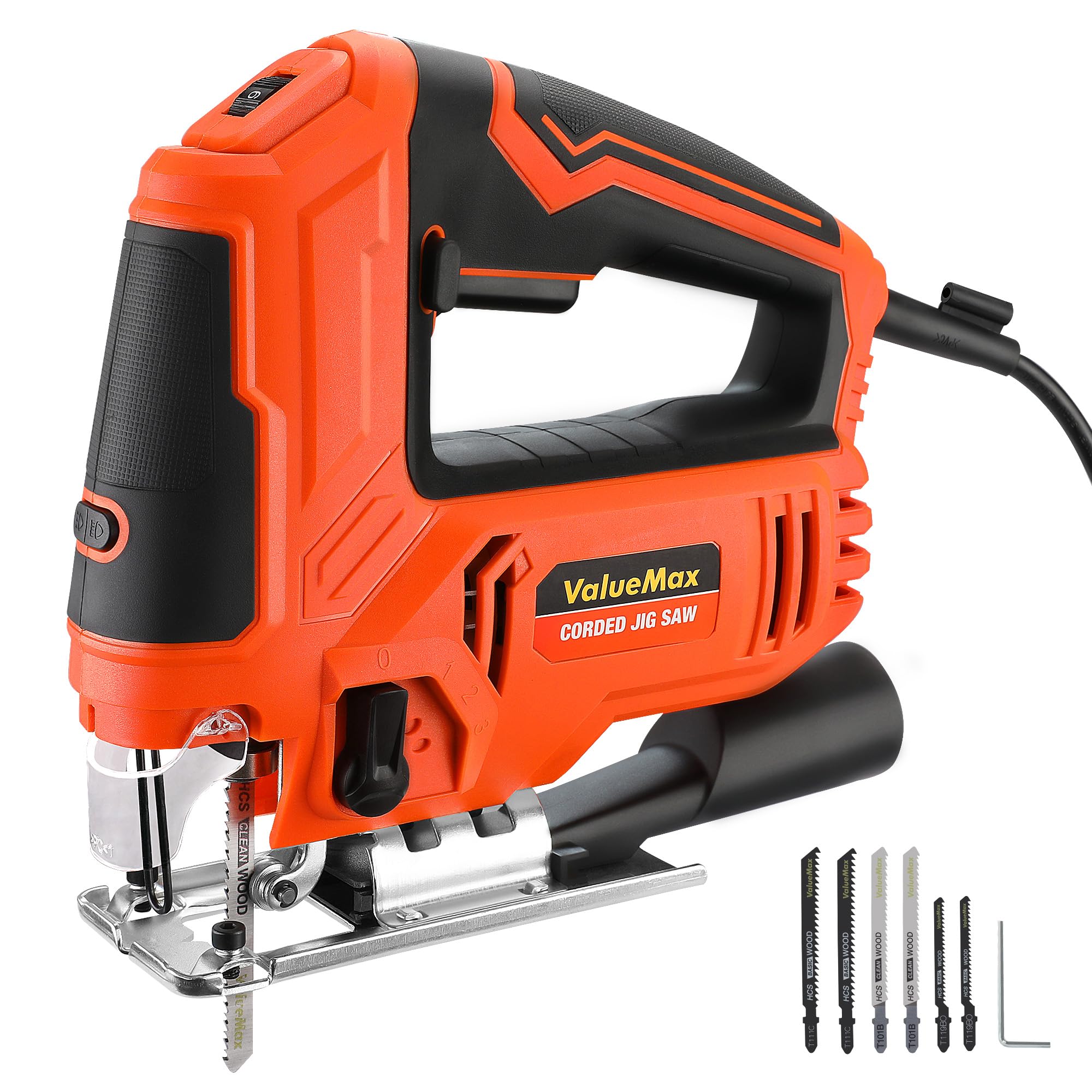 ValueMax Stichsäge 850W, 3000 SPM mit 6 Geschwindigkeiten & 4 Orbitalpositionen, Staubblasfunktion, LED, ±45° Schnittwinkel, Inkl. 6 Stück Sägeblätter und Innensechskantschlüssel
