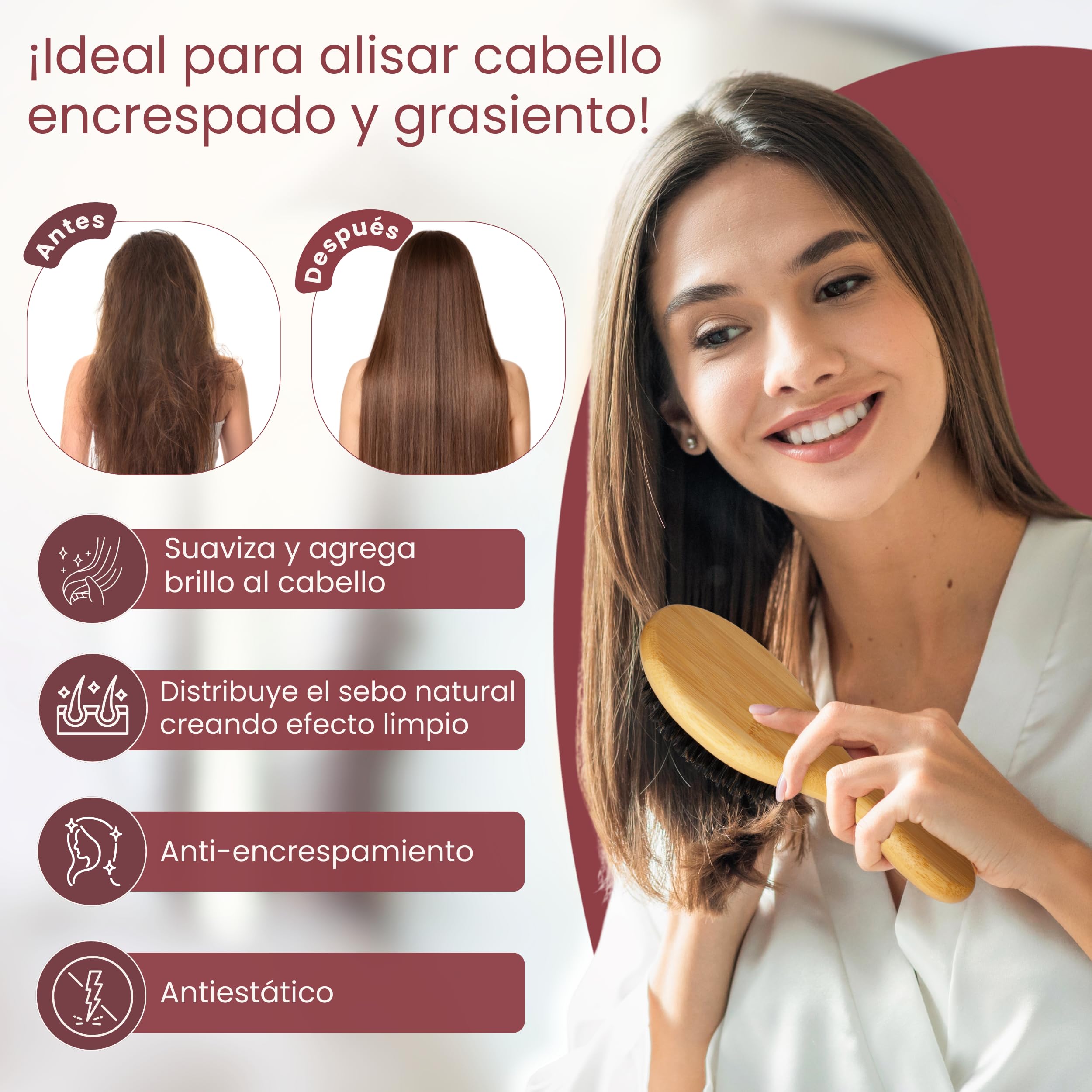Cepillo de Cerdas de Jabali Largas Naturales para Cabello Normal y Fino. Cepillo Pelo Antirotura, Alisador, Clean Look, Cepillo Cerdas Naturales para Mujer, Hombre y Niños. Peine Jabalí