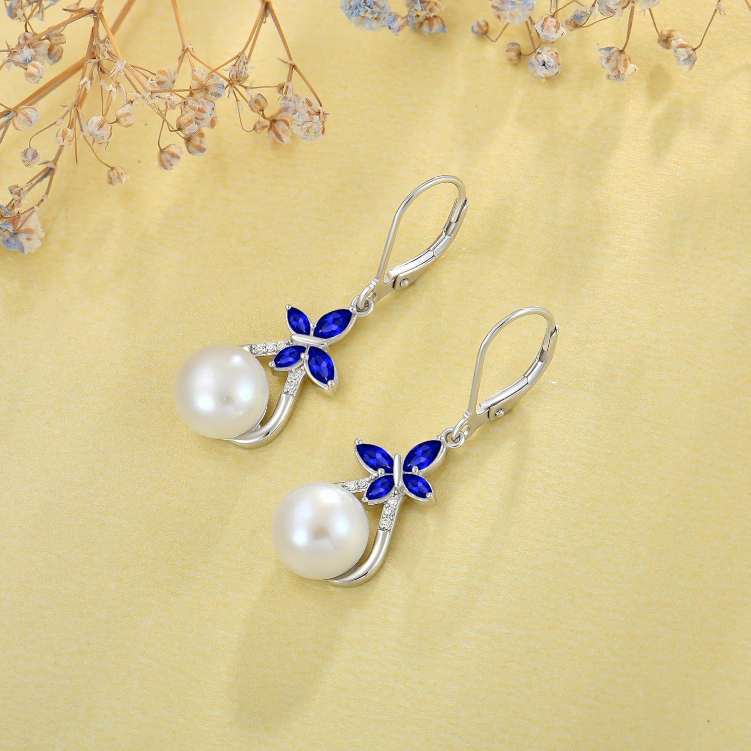 JO WISDOM Pearl Earrings 925 Sterling Silver Butterfly Birthstone 10mm Freshwater Cultured Pearl Leverback Dangle Earrings Jewelry for Women