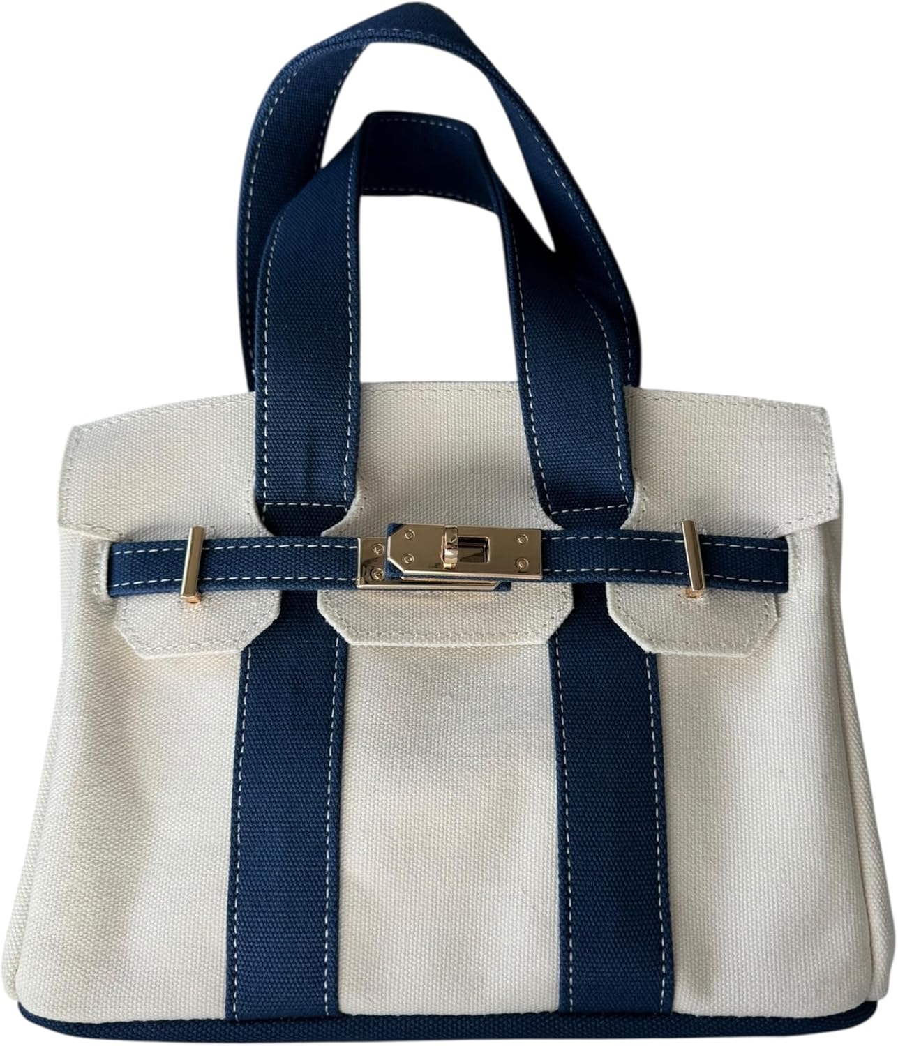 Canvas Mini Tote Bag, 8 Pockets, Distressed Finish, Durable, Gold Hardware