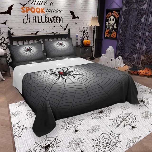 Black Spider Kids Sheet Queen Size Spider Web Happy Halloween Bedding Set Boys Girls Women Men Room Decor