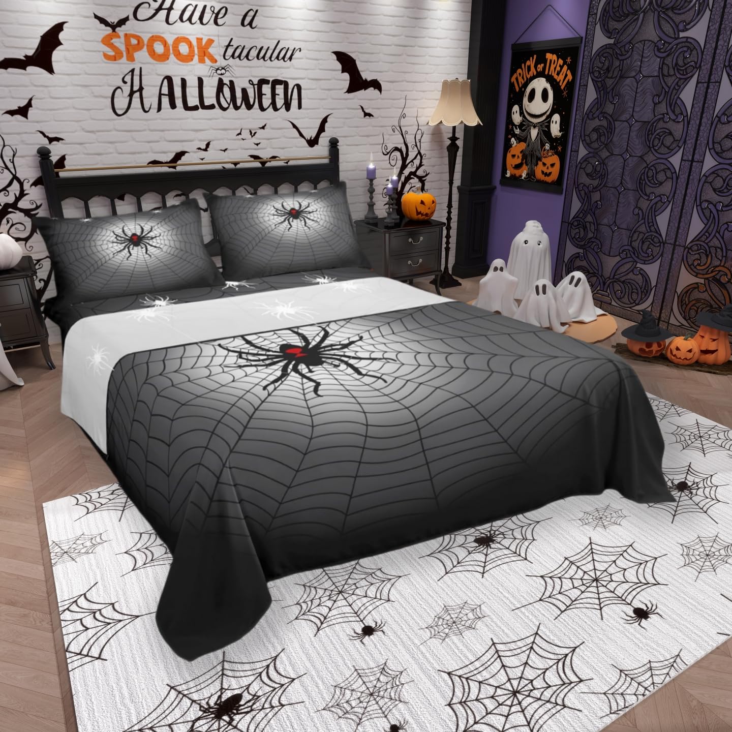 Black Spider Kids Sheet Queen Size Spider Web Happy Halloween Bedding Set Boys Girls Women Men Room Decor