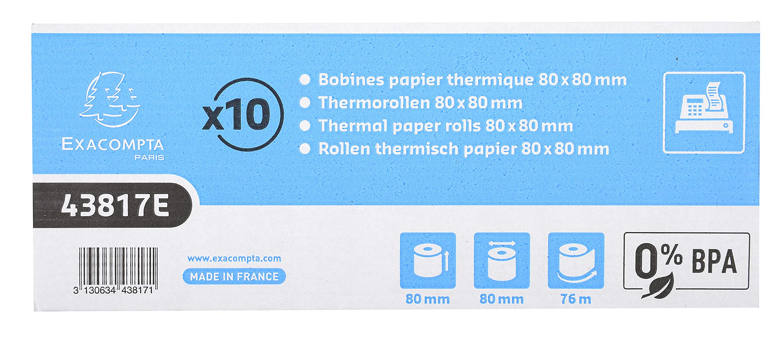 Bobines caisses Exacompta 43817E - l 80 mm x L 76 m, Ø 80 mm - 1 pli(s) - paquet de 10