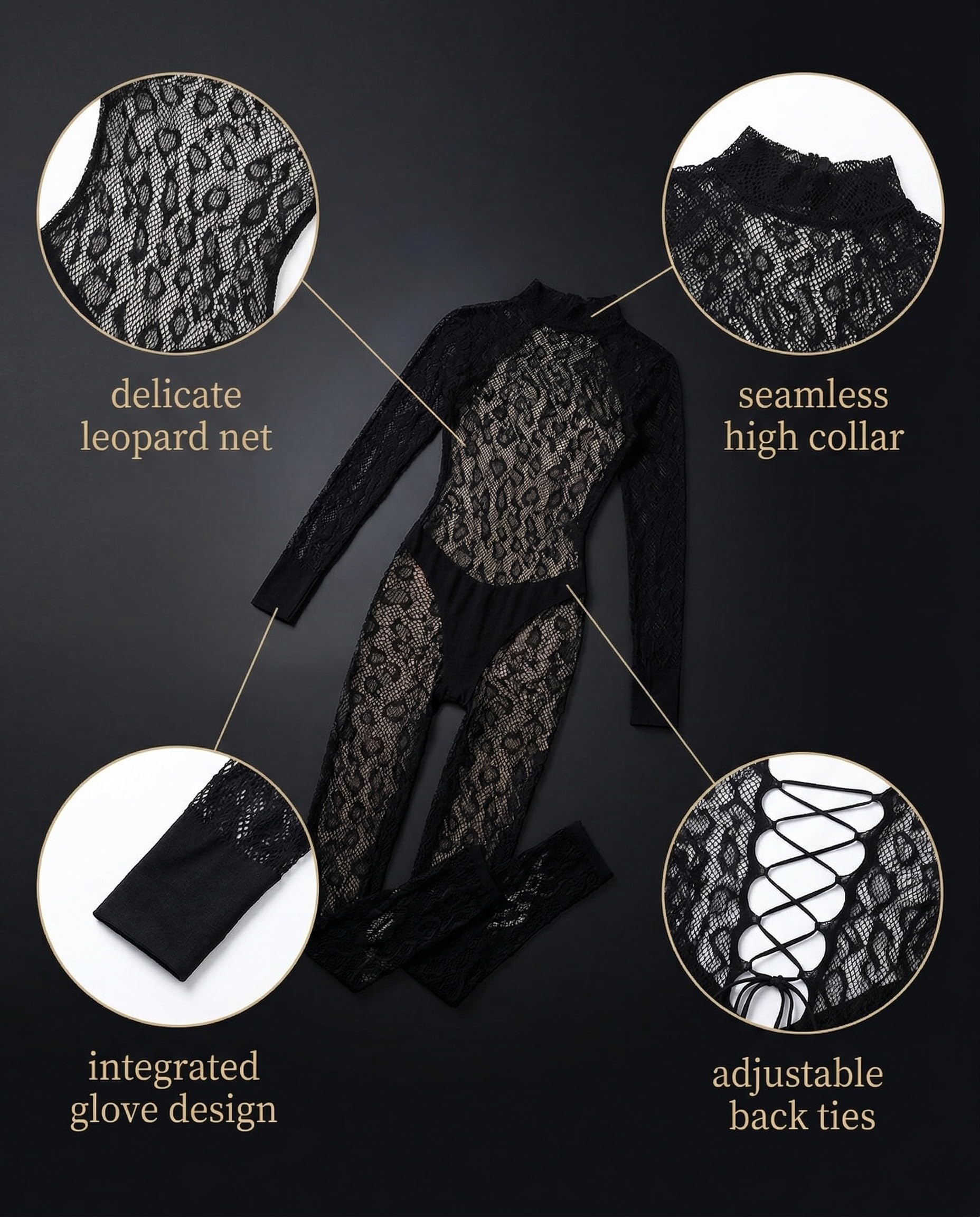Body Pizzo,Bodystocking Donna Sexy Pizzo Leopardato Rete Trasparente Body Collant Elasticizzato a Maniche Lunghe Night Club Rave Party Biancheria Intima Babydoll Nero