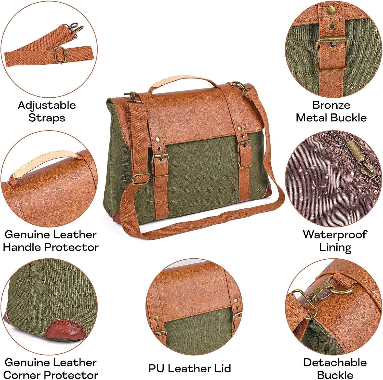 Green Messenger Shoulder Bag, Leather & Canvas Laptop Bag, Crossbody Briefcase, Computer Bags for Laptops