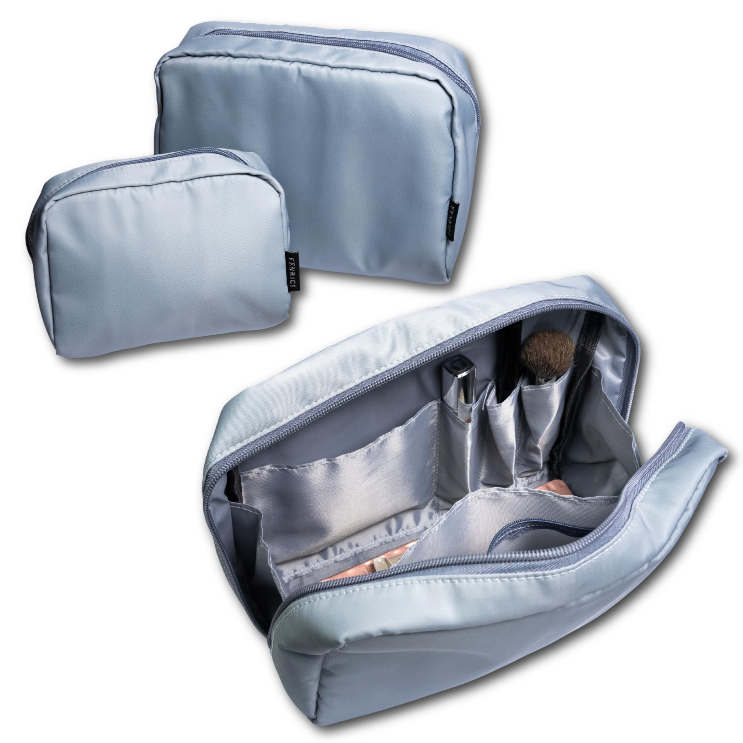 Fenrici Cosmetic Bag Set - 2 Pack: Large 9" Pouch & Small 7" Travel Toiletry Bag with 6 Compartments & Zipper Pocket, Waterproof Design, Gray