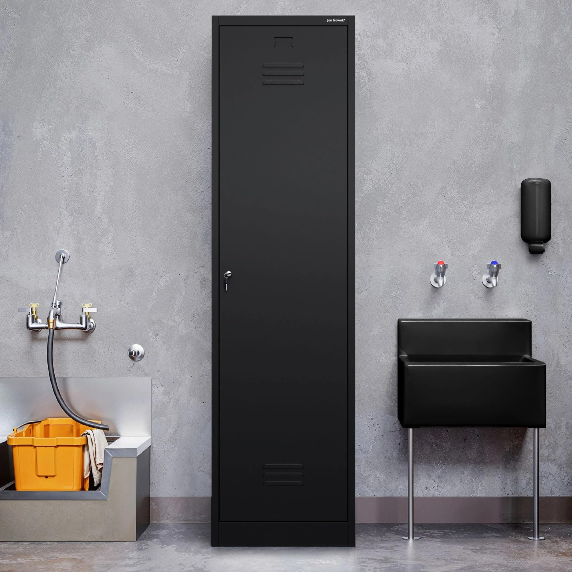 Jan Nowak Armoire de Rangement, Multifonction, Vestiaire Metallique | 185 cm x 50 cm x 50cm | Étagères, Crochets à vêtements | Fentes de Ventilation, Porte-étiquette, Verrouillable, Noir