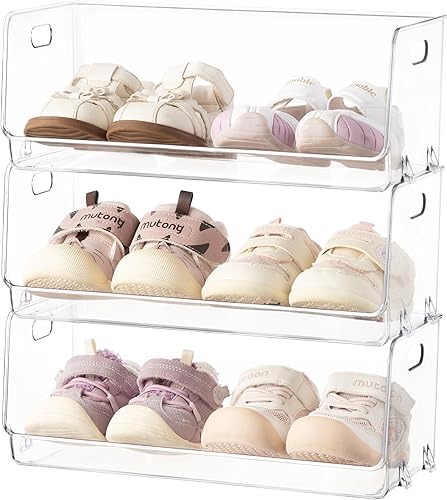 Vista 8 de HBlife Zapatero de acrílico transparente para niños, organizador de almacenamiento de zapatos para bebé, piso, entrada, dormitorio, 2 niveles
