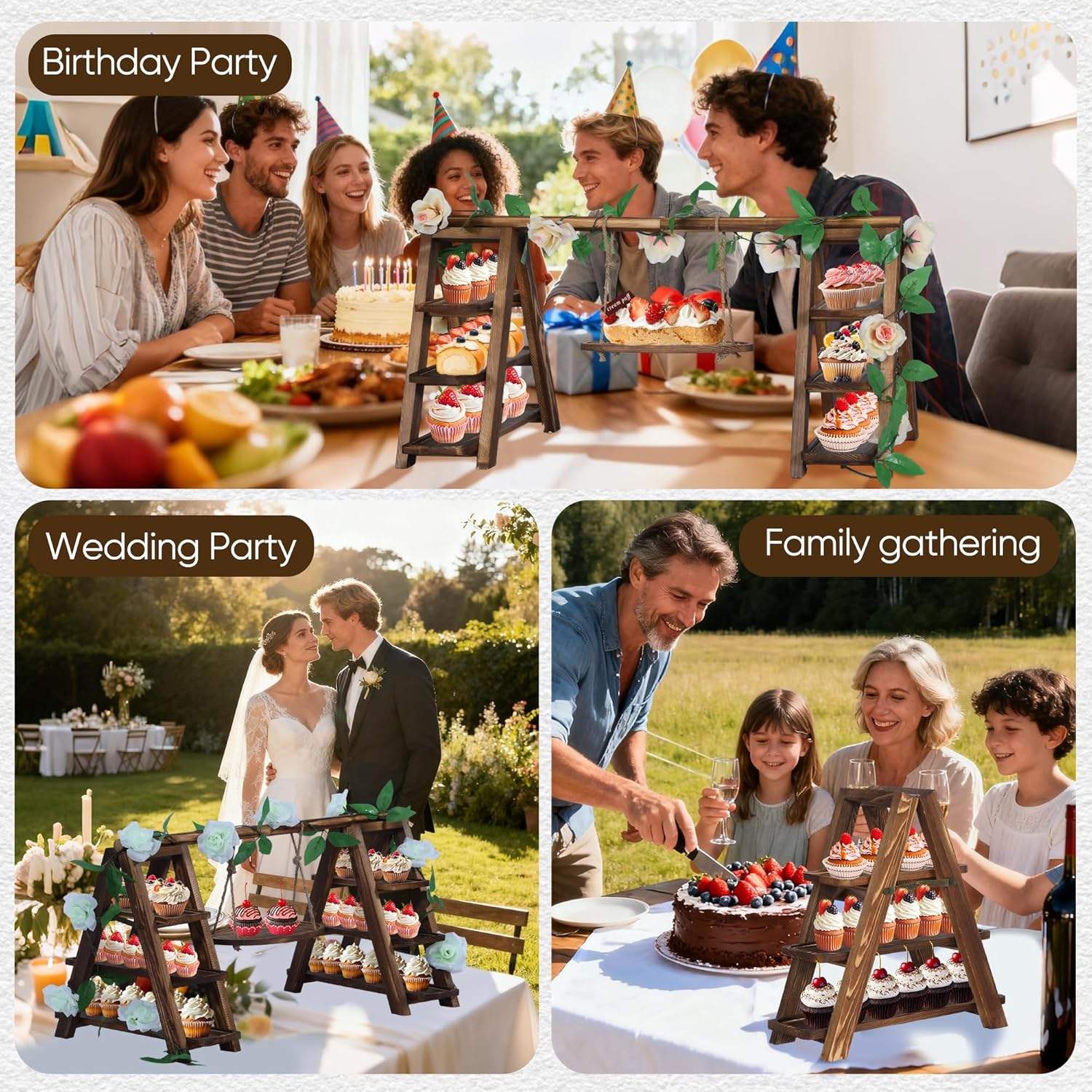 Wooden Cupcake Stand, 3 Tier Dessert Table Display Set with Serving Tray and Flower Decoration, Party Food Display Set with Removable Tray, Dessert Stand for Birthday, Wedding, Events, Baby Shower