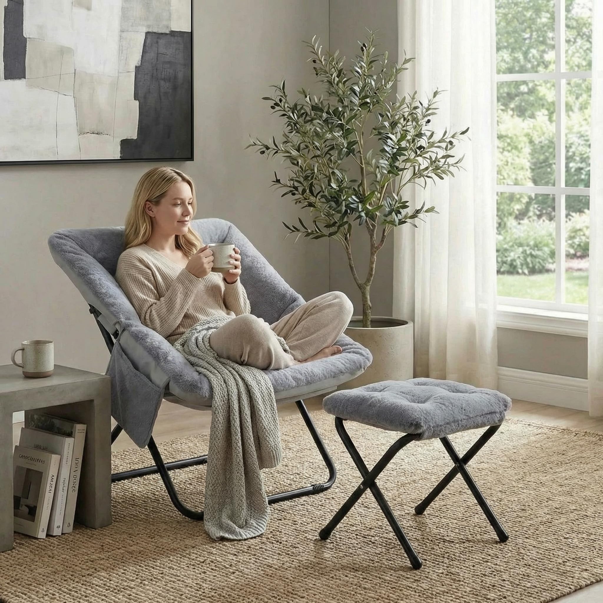 Clevich Sillón de relax con taburete, 72 x 76 x 78 cm, para adolescentes y adultos, escandinavo, tejido de piel sintética de poliéster, con bolsillo lateral y estructura de metal estable, plegable