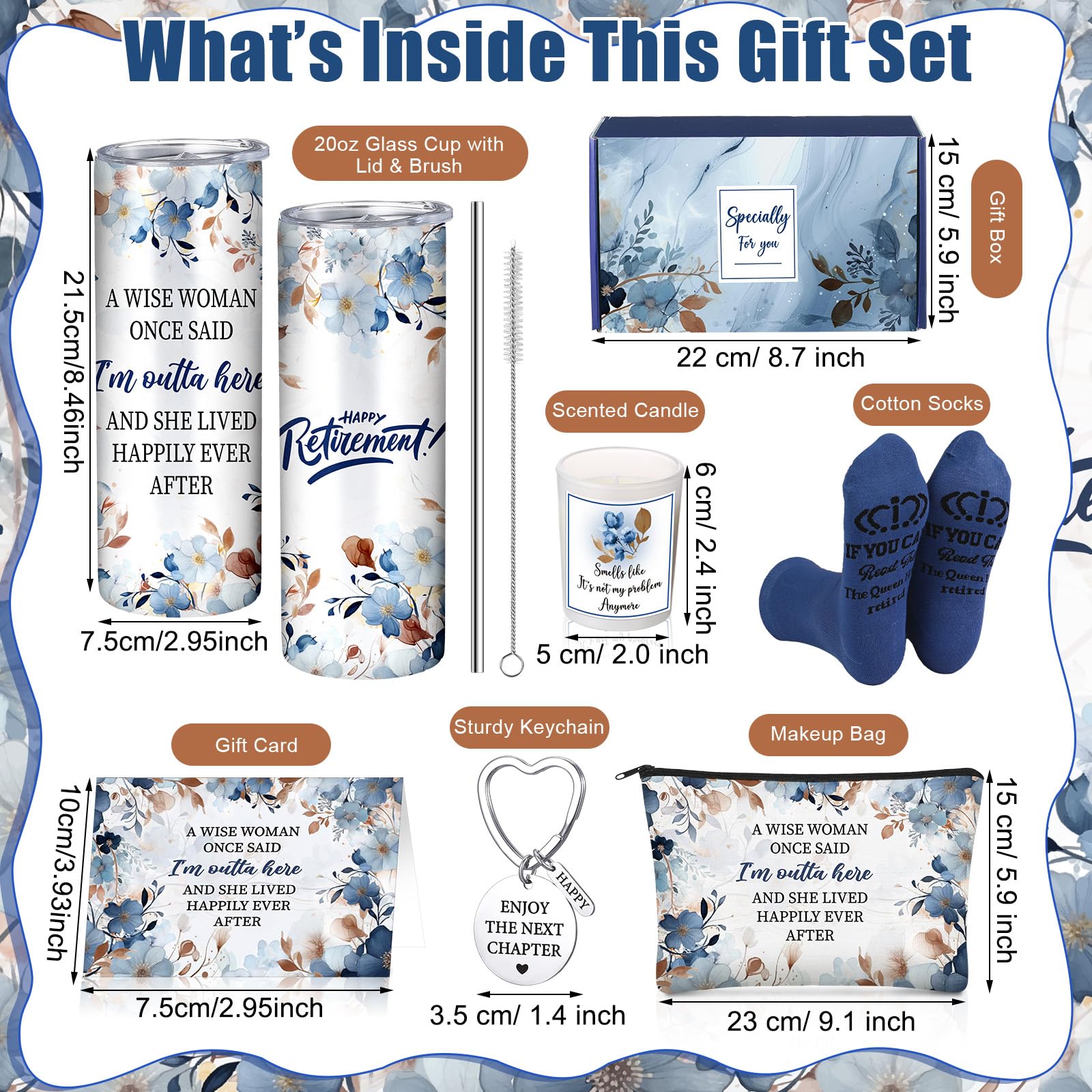 Bokon 9 Pcs Blue Brown Retirement Gifts for Women Teacher End of School Year Retired Gifts Set for Teachers Cna Nurse Coworker with 20oz Tumbler Candle Socks & Keychain Relaxation Gift Box