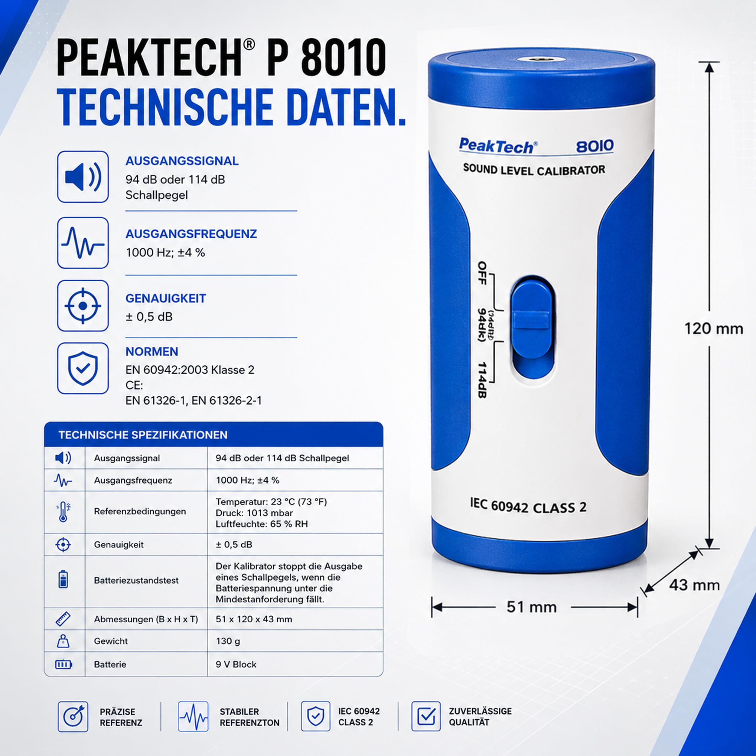 PeakTech P 8010 Schallpegelkalibrator – Präziser Decibel-Meter Kalibrator für Schallpegelmessgeräte, Klasse 2, 94 dB/114 dB, Hohe Genauigkeit für Geräuschpegelmessung und dB-Messgerät