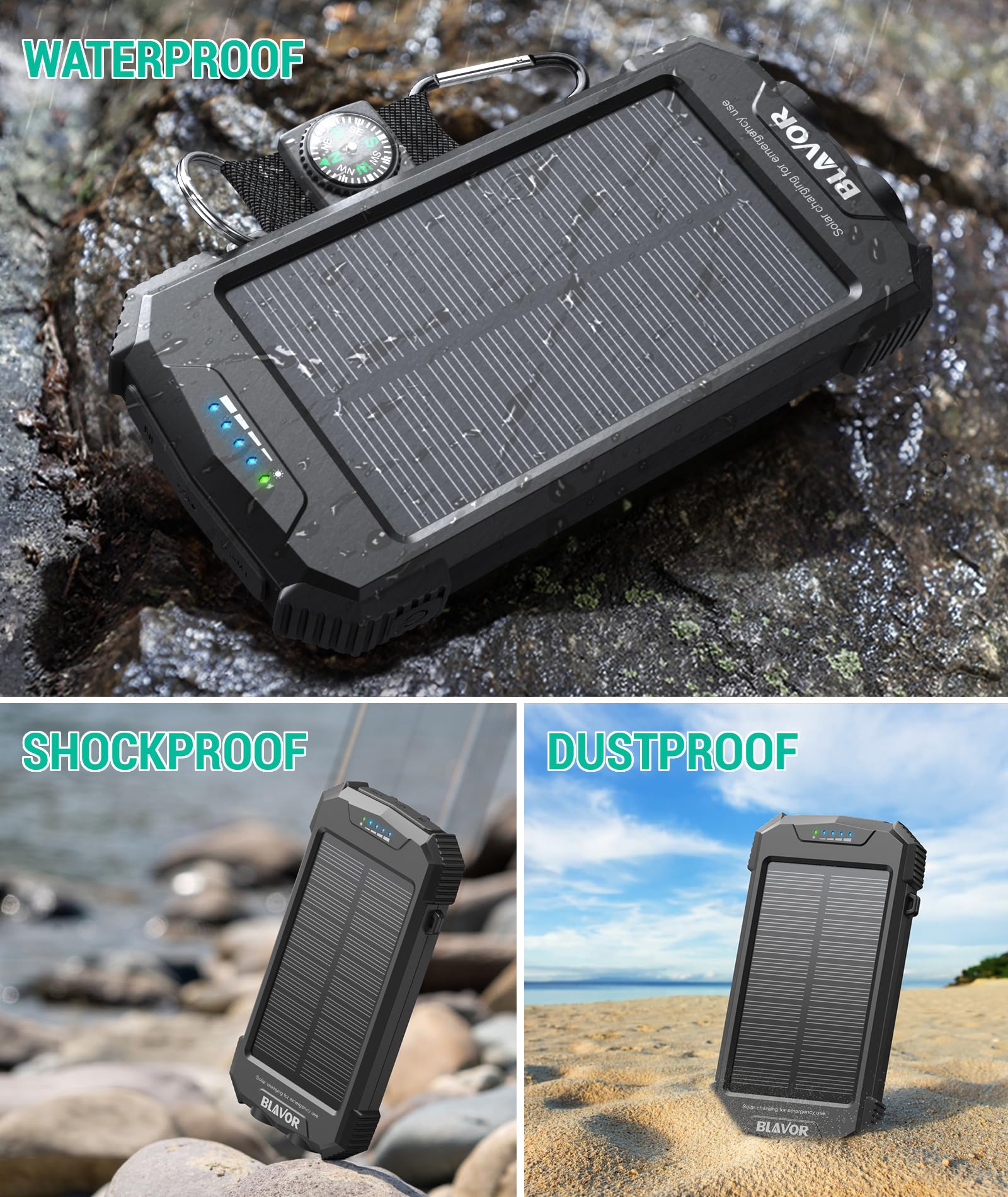 BLAVOR Batterie Externe Solaire Banque de Puissance 10000mAh Chargeur Solaire pour randonnée, Chargeur Rapide sans Fil pour Telephone, Interface USB Compatible avec Les Téléphones, Tablettes
