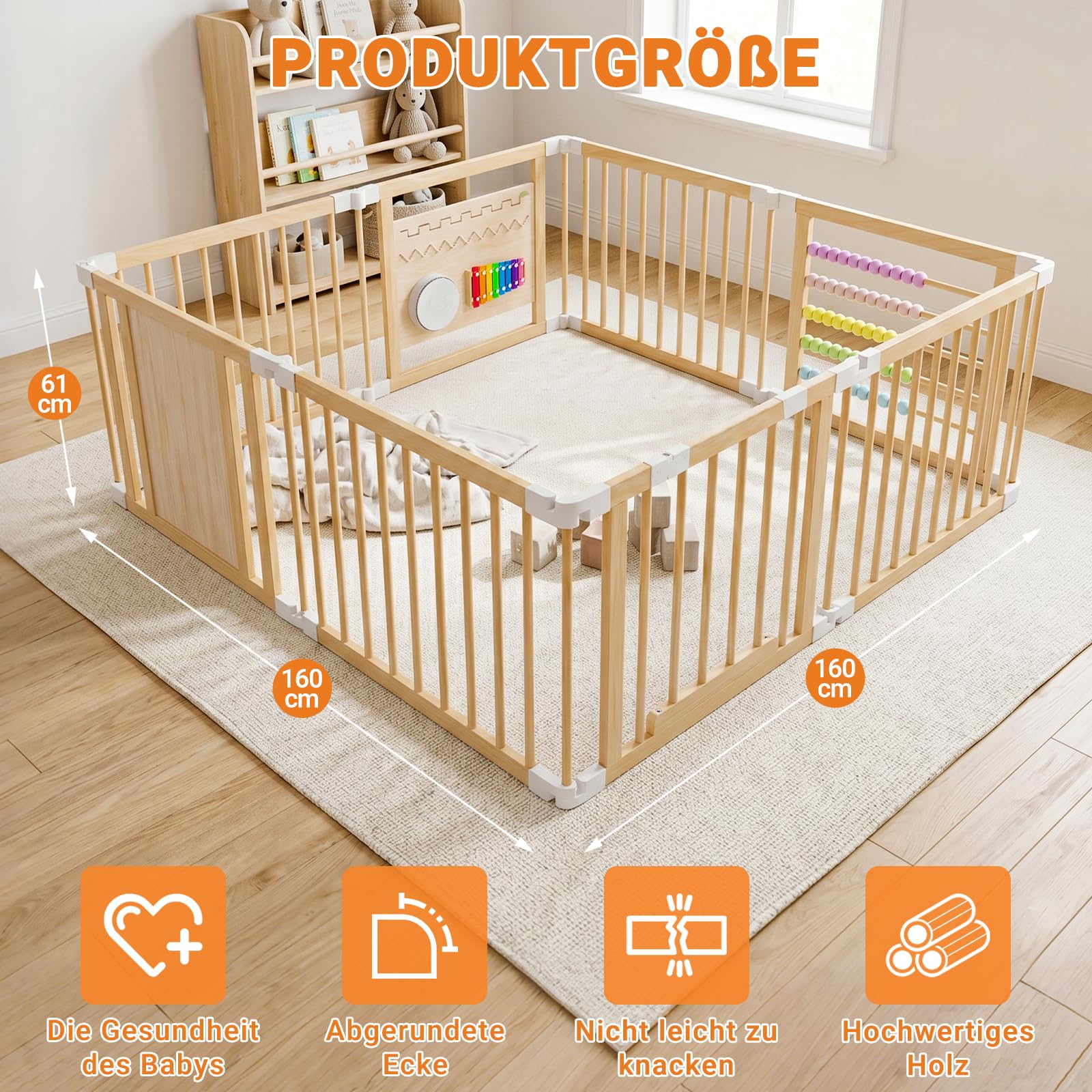 Laufstall Baby mit Spielzeug, Laufgitter Baby Faltbar aus Holz, Verstellbare Größe, mit Tür & Sicherheitsverschluss, Krabbelgitter Absperrgitter für Kleinkinder(240 * 160 * 61 cm)