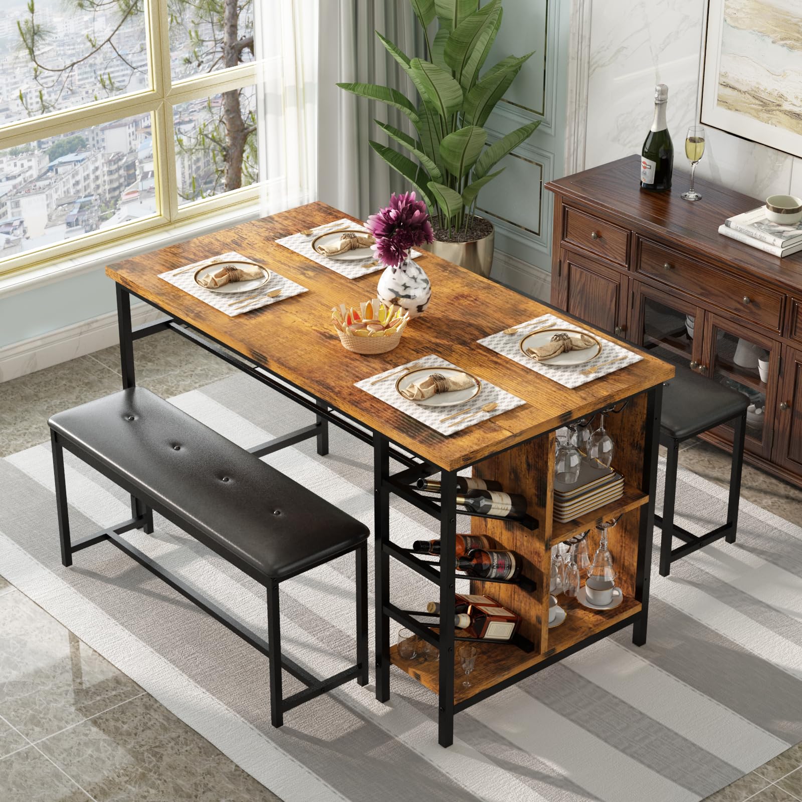 AWQM Space Saving Dining Table Set for 2-4 People, 53" Kitchen Table with 2 Upholstered Bench, Dinner Table with Wine Rack Glass Holder and Storage