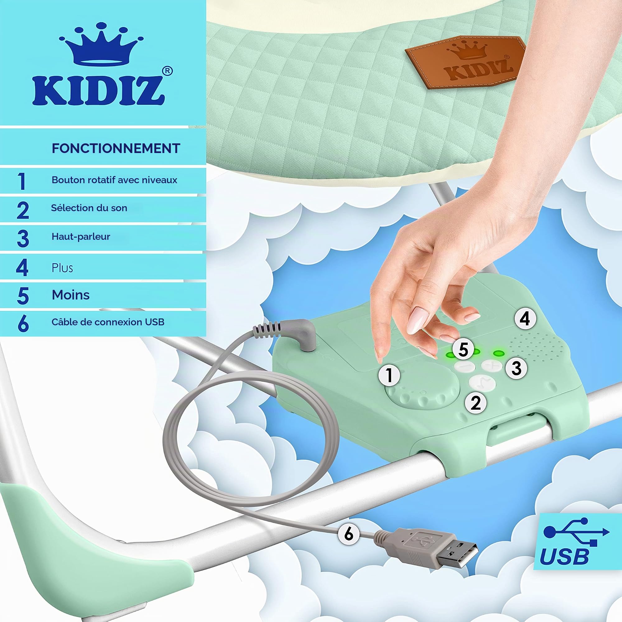 KIDIZ® Balançoire bébé 5 vitesses pliable transat chaise haute arche jeu jouets sons nature