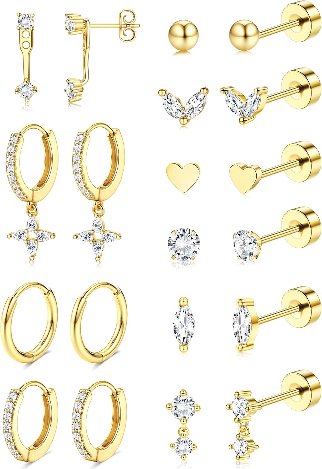 Jstyle Hypoallergenic Stainless Steel Earrings for Women, Surgical Steel Stud Hoop Earrings No Tarnish and Waterproof, Flat Back Earrings for Sensitive Ears, Lightweight Everyday