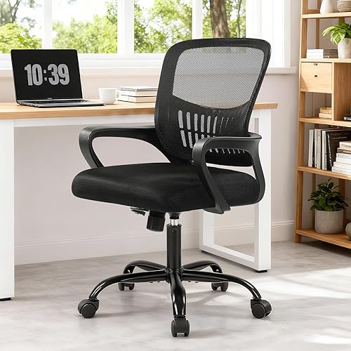 Miniatura 2 de NEWBULIG Silla de escritorio de oficina en casa, respaldo medio, silla ergonómica de malla ejecutiva de altura ajustable con reposabrazos, ruedas