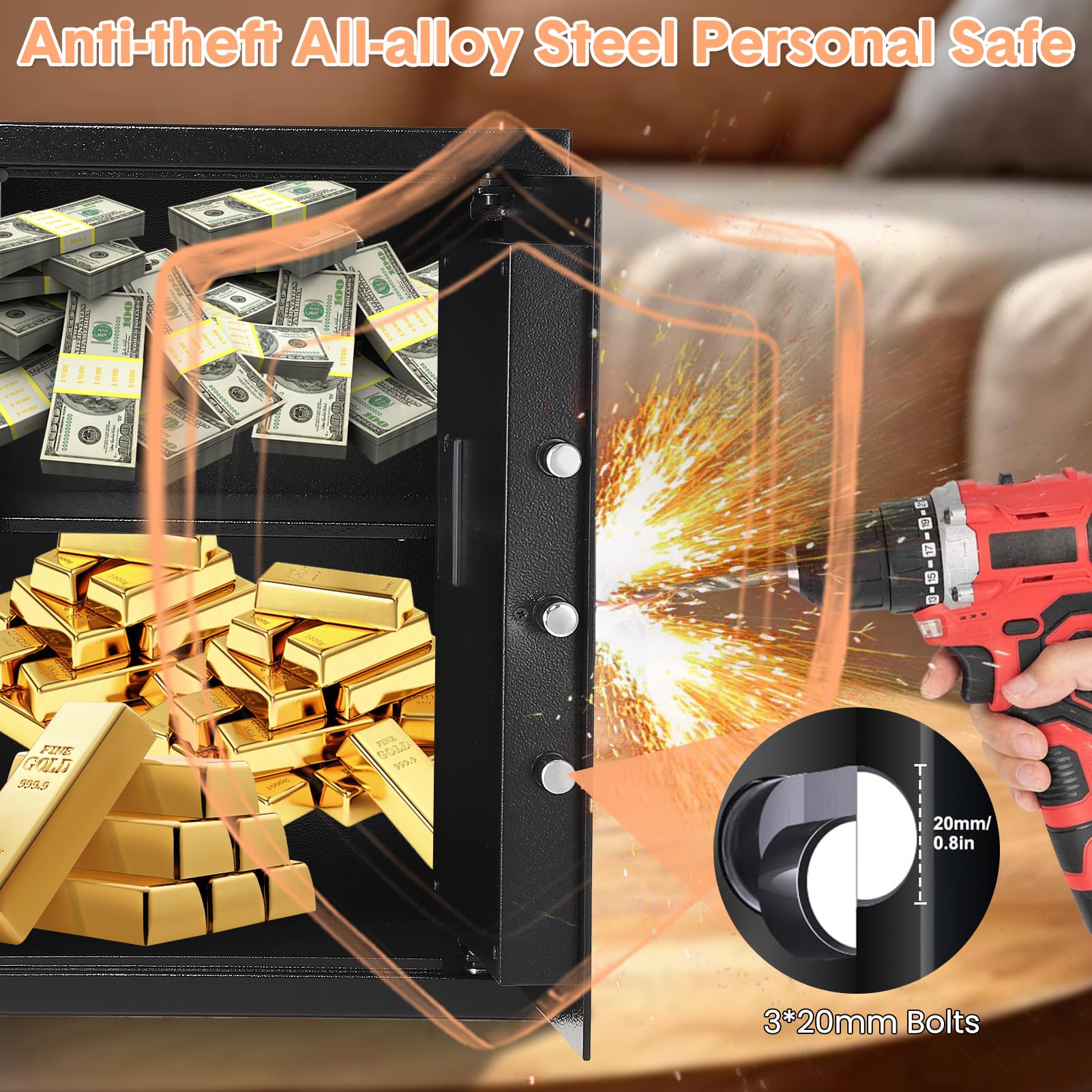 Garvee Caja de seguridad de acero con doble sistema de cierre, caja fuerte con resistente al fuego, impermeable, alarma, compartimento extraíble, montaje en pared/suelo, para dinero, joyas, documentos