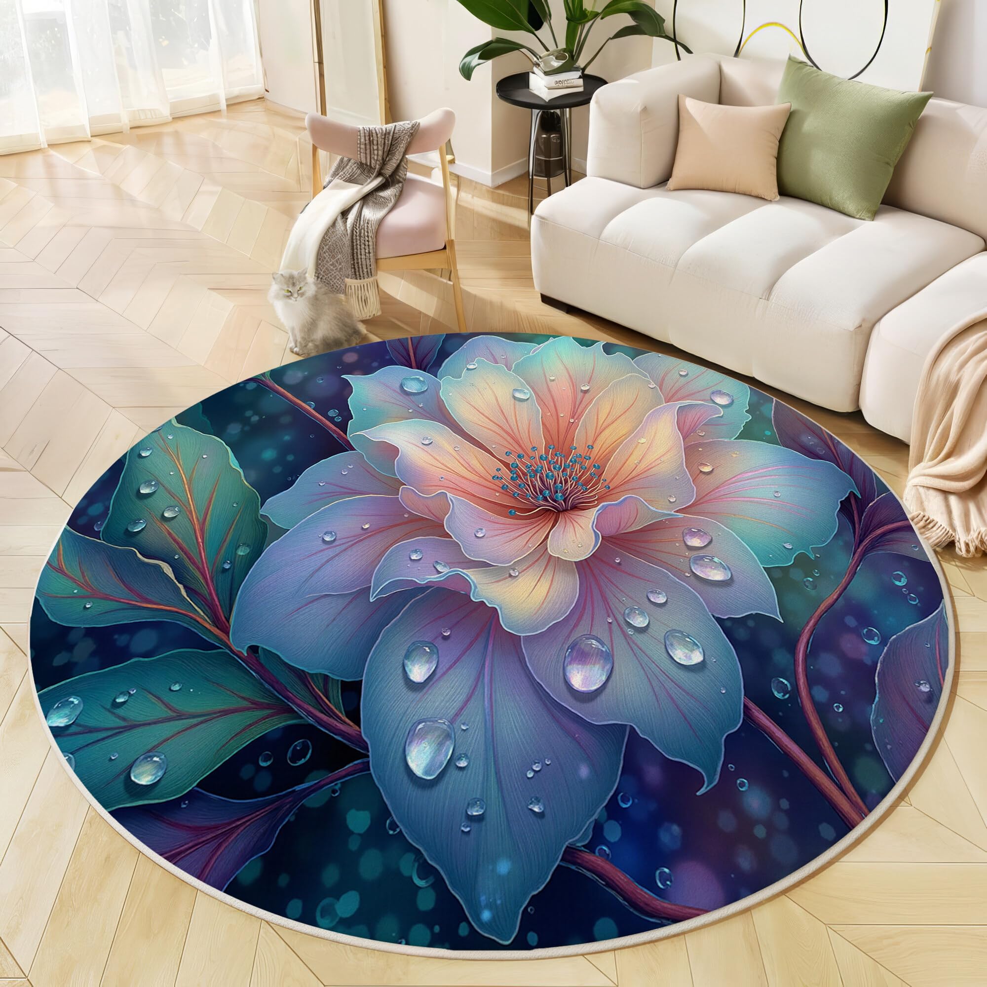 Tapis antidérapant bleu poudre 120cm rond doux et lavable pour cuisine et chambre