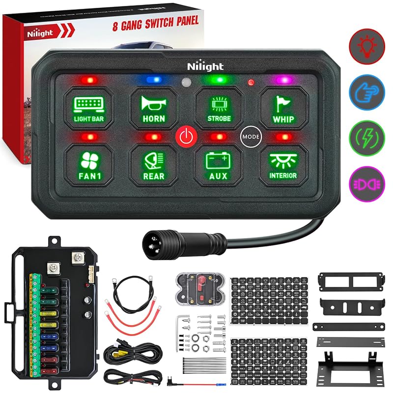 Painel de interruptores Nilight 8 vias verde 12–24 V DC com controle de circuitos e 4 modos