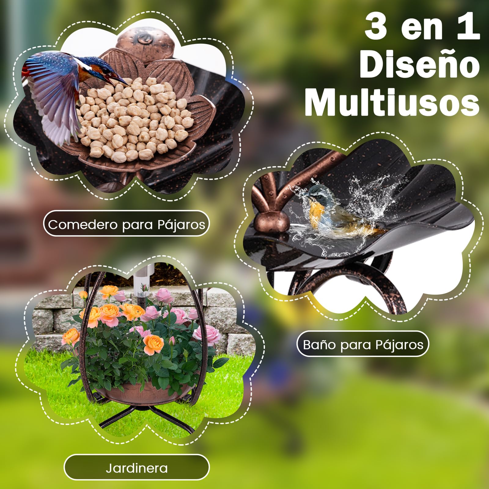 GYMAX Comedero Solar para Pájaros de Exterior, Bañera para Pájaros con Luz Solar LED, Jardinera Inferior de Flores, Marco Metálico, Bebedero Decorativo Vintaje para Ave (Bronce Antiguo)