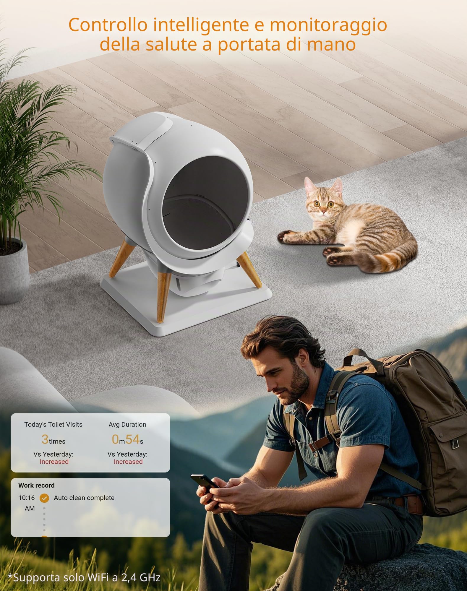 Honeyguaridan IPX5 Impermeabile Lettiera Gatto Autopulente, Risciacquabile | Protezione di Sicurezza a Triplo Strato, Controllo APP, Inodore, Adatto per Più Gatti, 63L