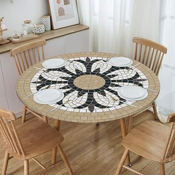 Mosaic Stone Floral Round Tablecloth Fitted Table Cover Elastic Edged Table Cloth Fits Tables Up to 45"-50" Diameter