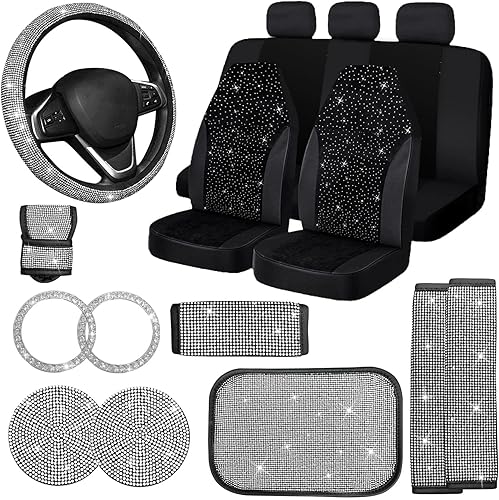 Juego de 17 fundas brillantes para asientos de automóvil, accesorios de diamantes de imitación para volante, terciopelo brillante transpirable