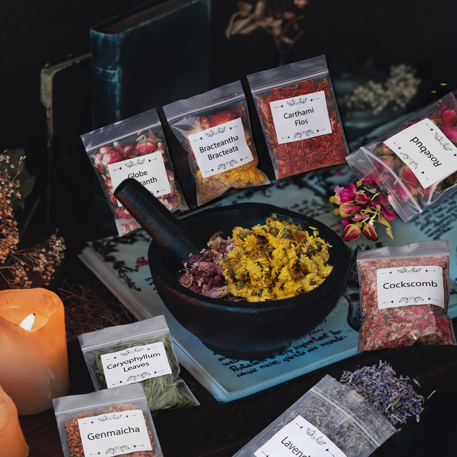 Wicca Supplies zestaw ziół czarownica początkujący suszone kwiaty luzem zioła zestaw upominkowy dla Wicka, pogański, rytuały Wicca, magiczne zaklęcia, artykuły ołtarzowe lecznicze naturalne zioła