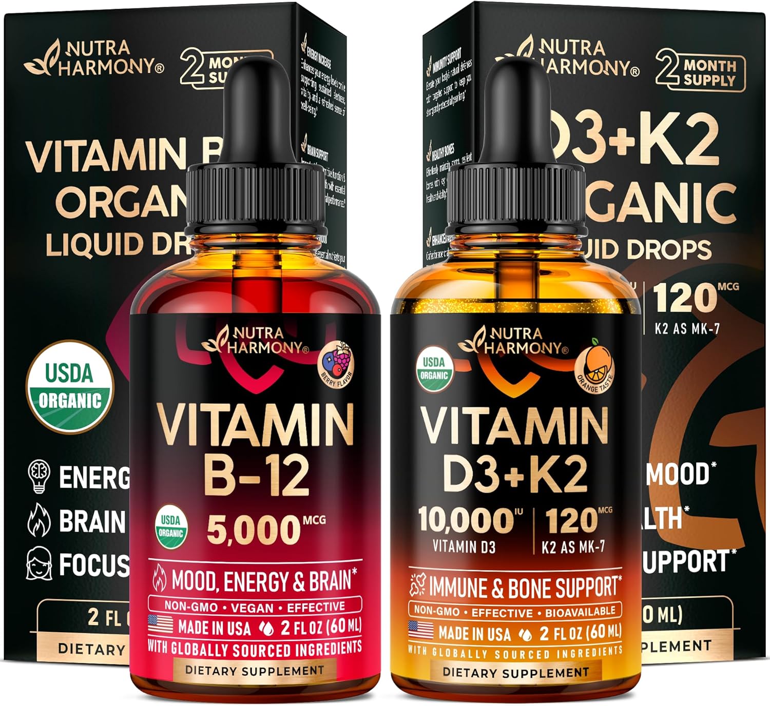 NUTRAHARMONY Organic Vitamin B12 & Vitamin D3 K2 Drops