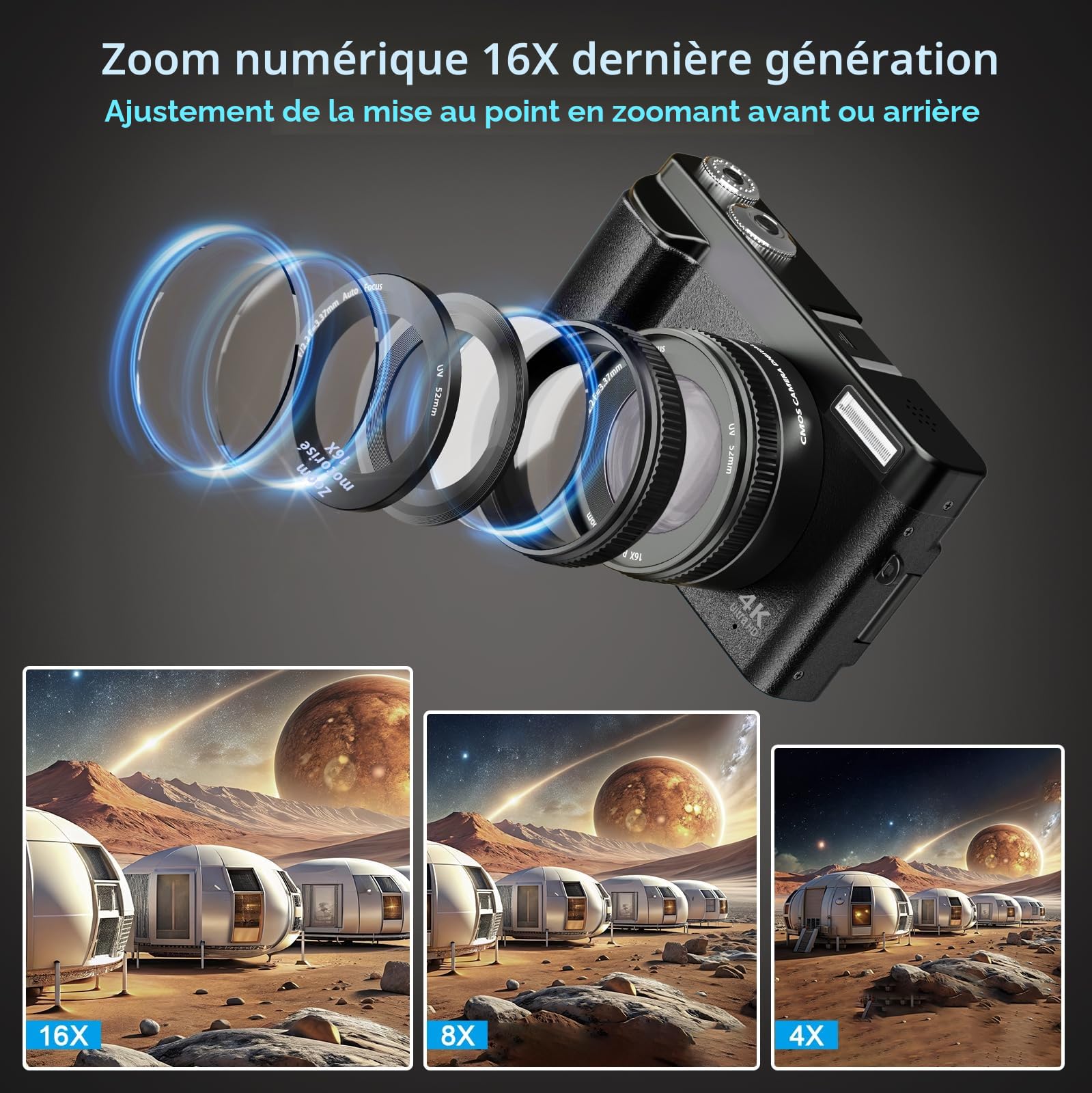 Appareil Photo Numérique 4K, Appareil Photo Compact 48MP 16X Digital Zoom à Écran Rabattable à 180° Avec Autofocus, Flash, Station de Charge, 2 Batteries, Carte 32 GB pour Débutants, Enfants, Vlogging