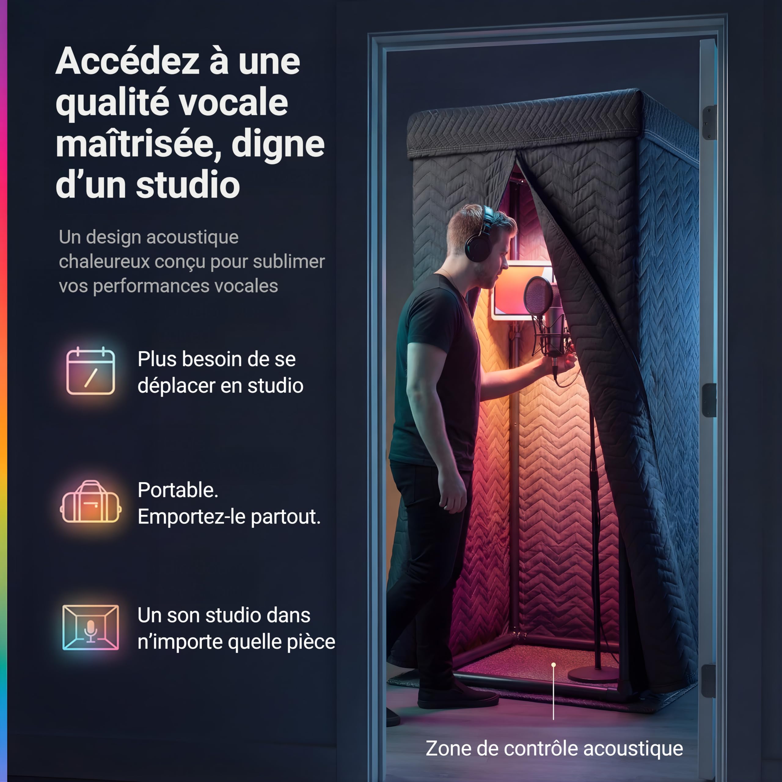Snap Studio Cabine vocale – Cabine de son de studio n°1 recommandée pour enregistrer des voix sèches et sans écho. Réduction de la réverbération de 80% et isolation à 360 ° – Support à clipser,