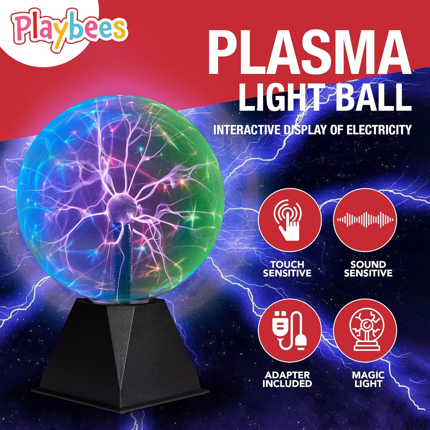 Playbees Colorful Plasma Ball 7-Inch – Tesla Coil Globe with Multicolor Lightning Effects, Plug-in Static Electricity Prop for Parties, Decorations, and STEM Learning