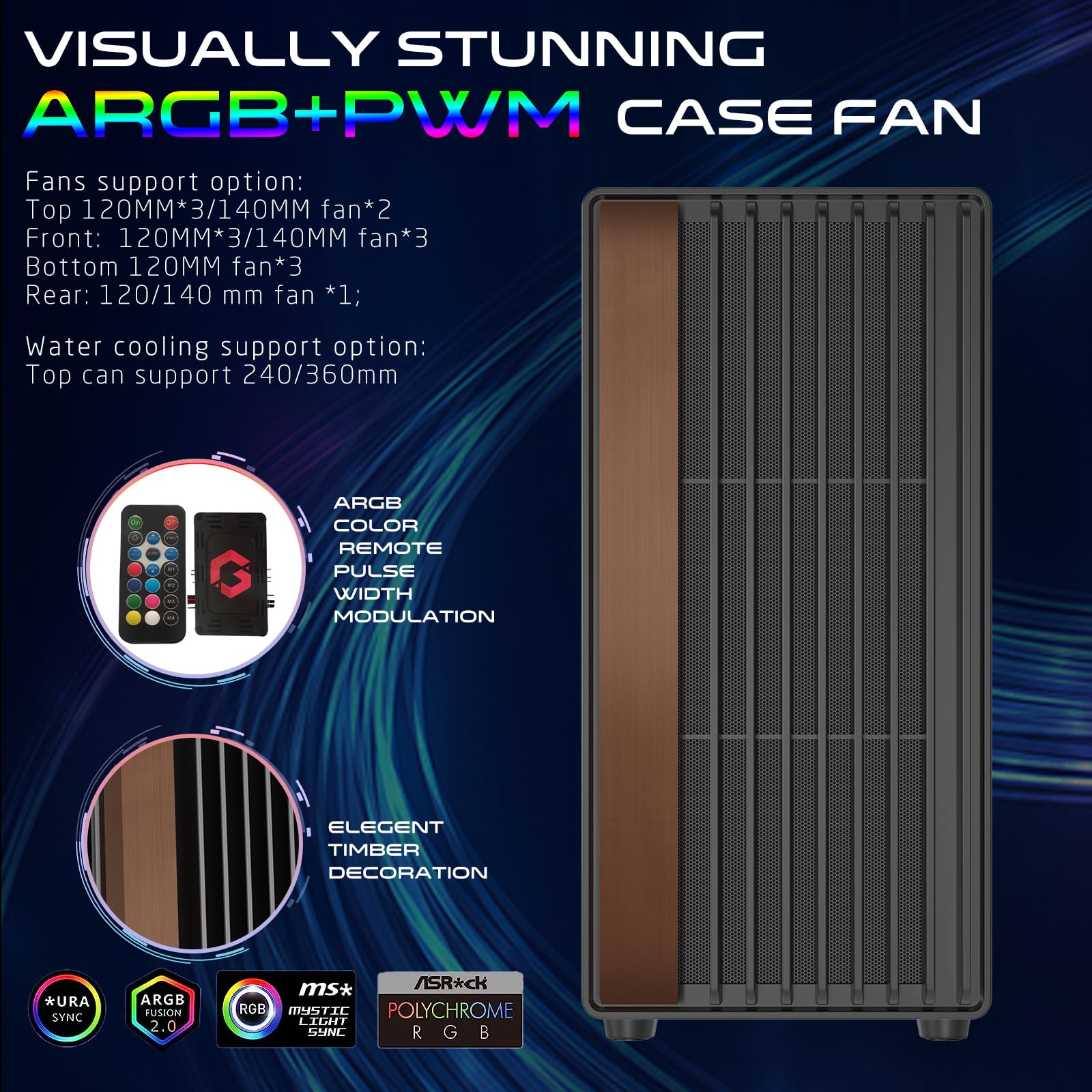 GAMEON TIMBER Midnight Series ARGB Gaming Case – Mid Tower | 7× Pre-Installed ARGB+PWM Fans | Wood-Texture Panels | 3mm Tempered Glass | ATX/M-ATX/ITX Support | 420mm GPU Compatibility – Wood/Black - 3