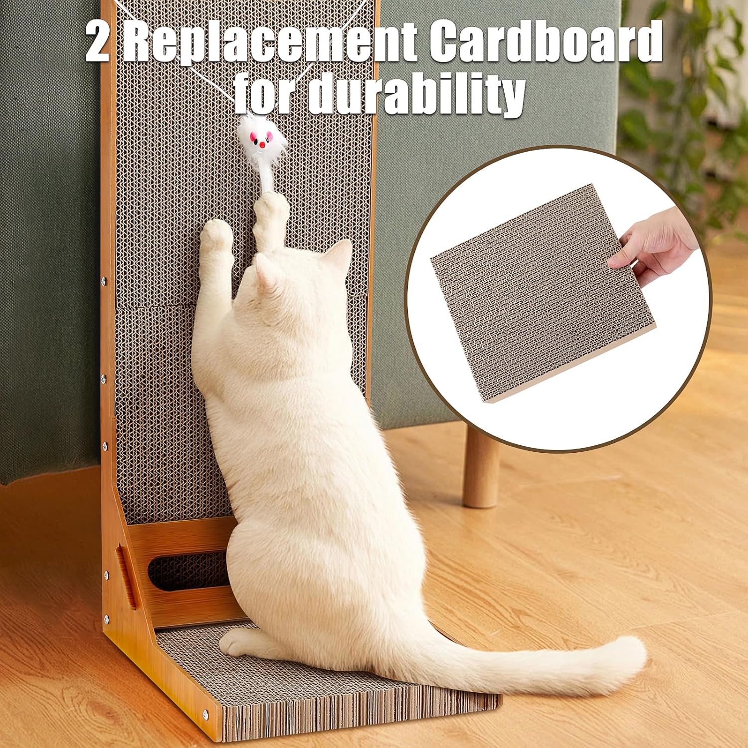 review Cardboard Cat Scratcher for Indoor Cats,24 Inch L-Shape Cat Wall Scratching Pad,Vertical Cat Scratching Cardboard with 2 Refill Cardboard&Plush Toy for Small Medium Cat