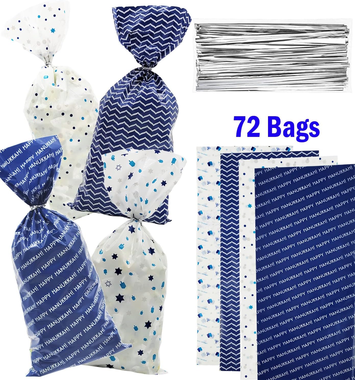 The Dreidel Company 72 Hanukkah Cellophane Treat Bags Chanukah themed Candy Bags Plastic Cellophane Assorted Bag Size 5" X 3 1/4" X 11" 1 with 72 Silver Twist Ties for Hanukkah Decorations