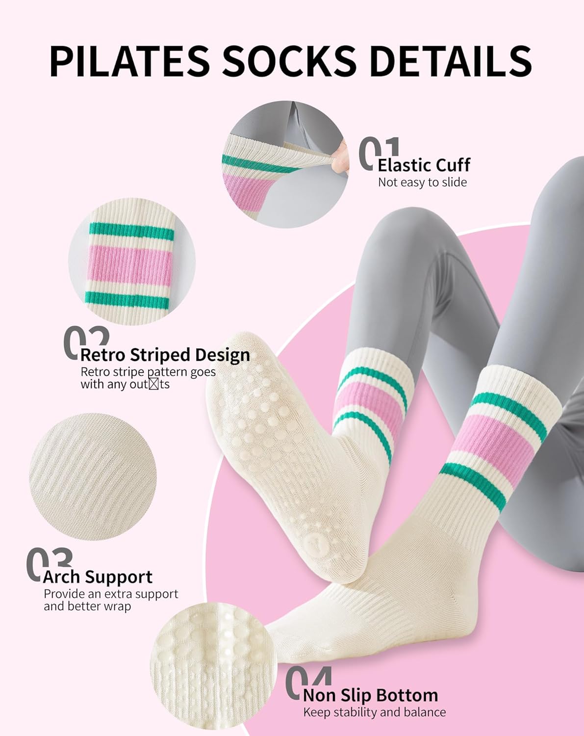 Yawlsow 3 Pairs Pilates Grip Socks for Women Yoga Grippy Striped Retro Crew Socks Non Slip Sticky Barre Sock with Grippers - Image 4