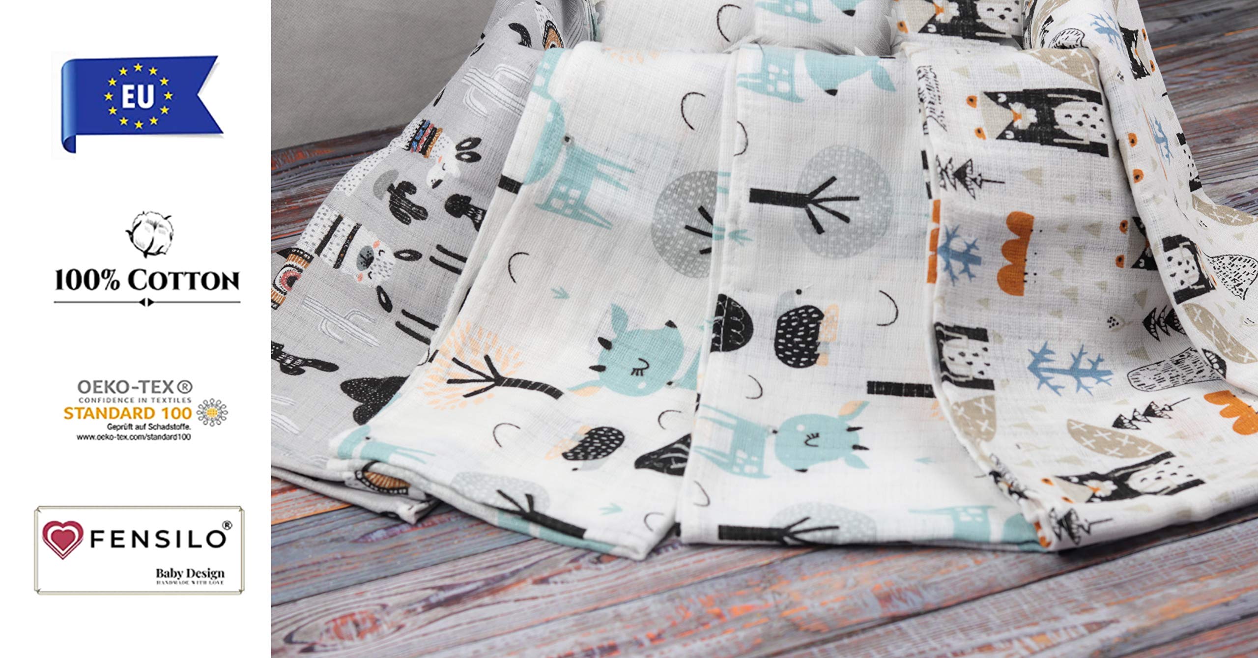 Neonato Mussola Pacco da 6 70x80cm Grigio Animali Bimbo e Bimba OEKO-TEX STANDARD 100