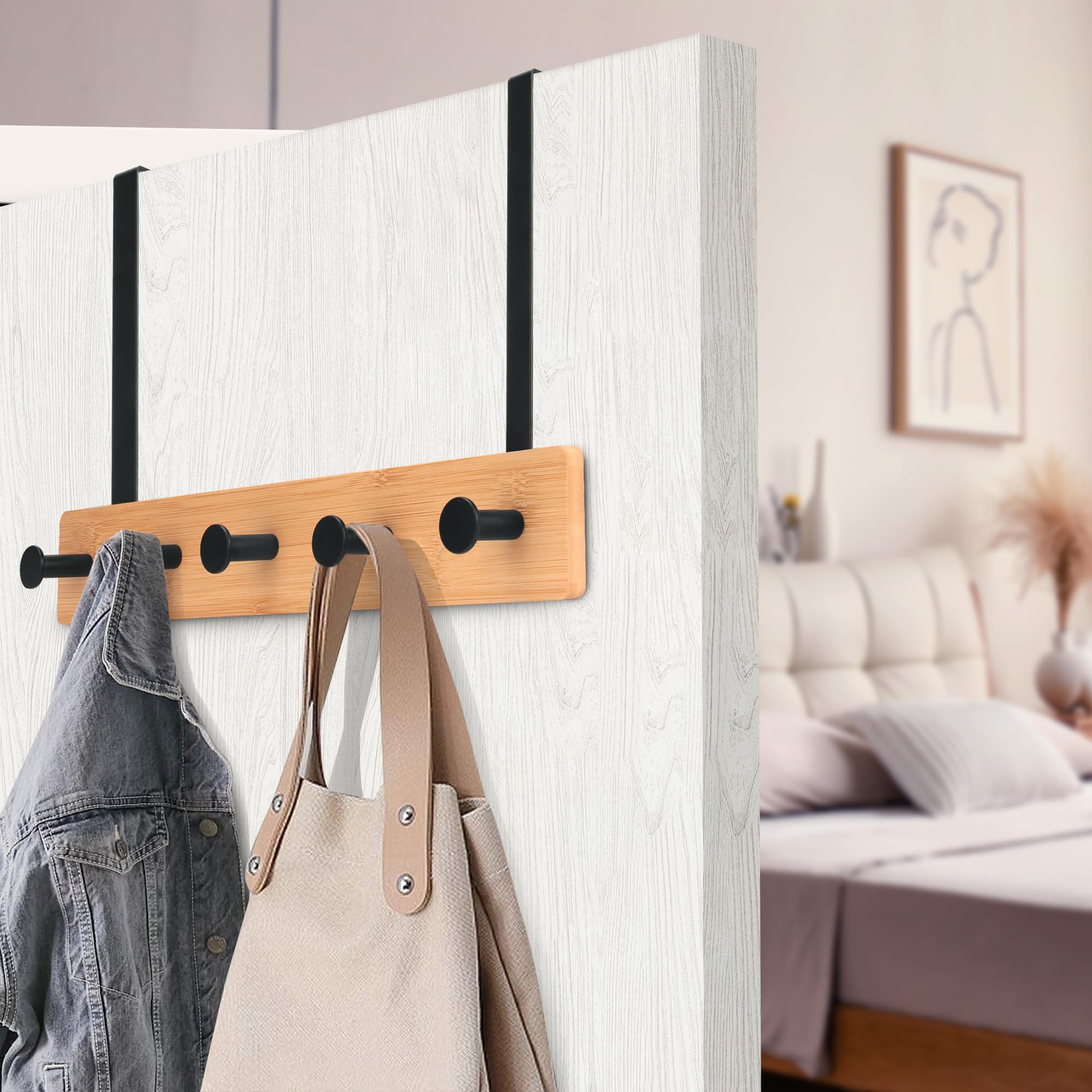 IURRDOP Over The Door Wooden Hooks - Door Hanger Hooks, Over The Door Towel Rack for Bathroom, Over The Door Sturdy Coat Rack for Bag Coat Towel Hat Robes, Coat Hanger for Door