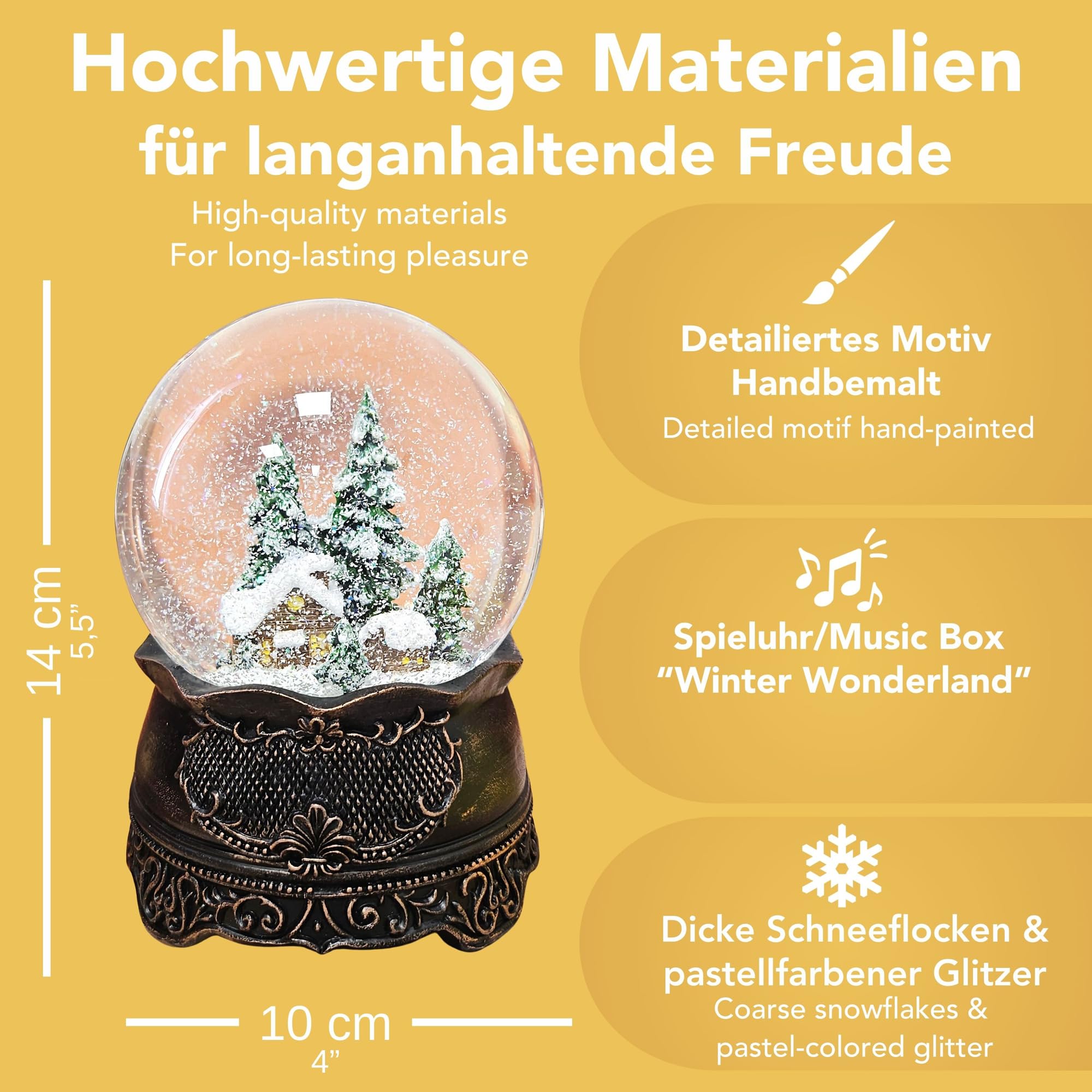 Hüttenzauber Schneekugel Musik | Kupfer antik | B: 10cm, H: 14 cm | 20324 | Nostalgische Winterhütte im Winterwald in Schüttelkugel | mechanische Spieluhr | Weihnachtsdekoration mit Musik